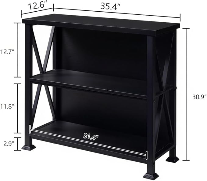 HOMBAZAAR Bookshelf,3 Tier Industrial Short Bookshelf with Metal Frame,Low Shelf Bookcase with Engineered Wood Shelves,Small Book Shelf for Living Room,Small Space and Office, Black