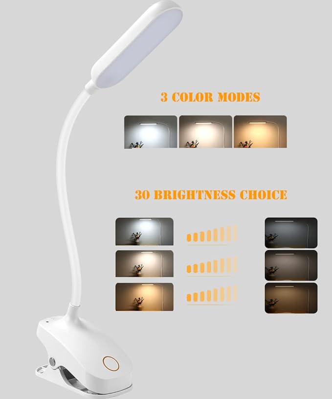 COLORLIFE Desk Lamp Clip On Light-7W 2600mAH Flexible Gooseneck Battery Operated Rechargeable Reading Lamp with Clamp & Stepless Brightness for Desk,Piano,Bed Headboard and Computers