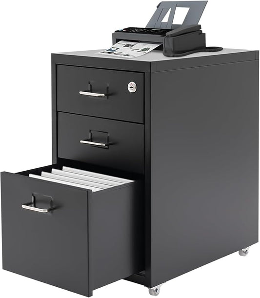 3 Drawer Mobile File Cabinet with Lock, Under Desk Rolling Filing Cabinets with Tag Jacks, Lockable Vertical File Cabinet for Home Office, Easy Assembly (Black)