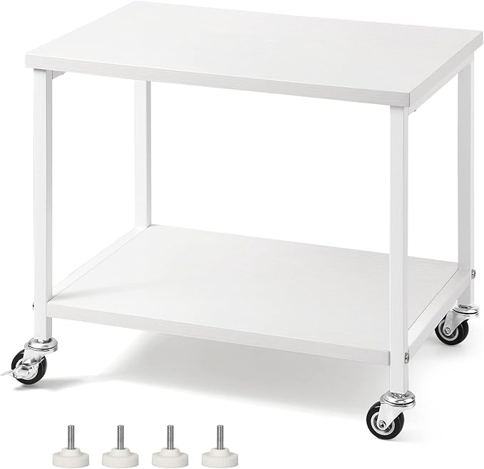 BTY Under Desk Printer Stand 2 Tier White Printer Stand with Storage Shelf Small Printer Table with Rolling Wheels for Office Home Scanner Printer (White)