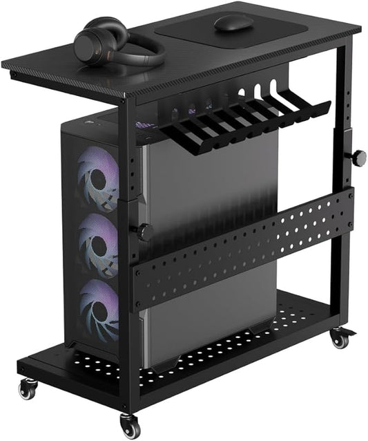 2-Tier Rolling Computer Tower Stand with Cable Management Rack, Height Adjustable CPU Holder Cart with Hooks for Gaming Home Office, PC Stand Fits Under Desk,Carbon Fiber Black