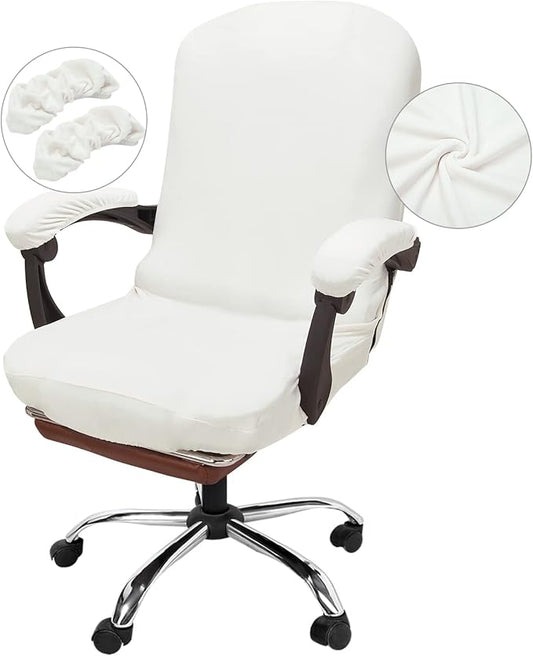 NeColorLife Velvet Office Chair Cover with Armrest Covers - Stretchable High Back Desk Computer Chair Slipcover for Large Rotating Boss Chairs (Large,Ivory White)