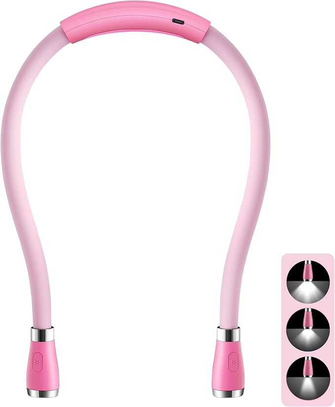 Neck Book Light, LED Reading Lamp, USB-C Rechargeable, Hands Free, 4 LED Bulbs, 4 Adjustable Brightness, for Reading in Bed or Reading in Car Lamp (Pink)