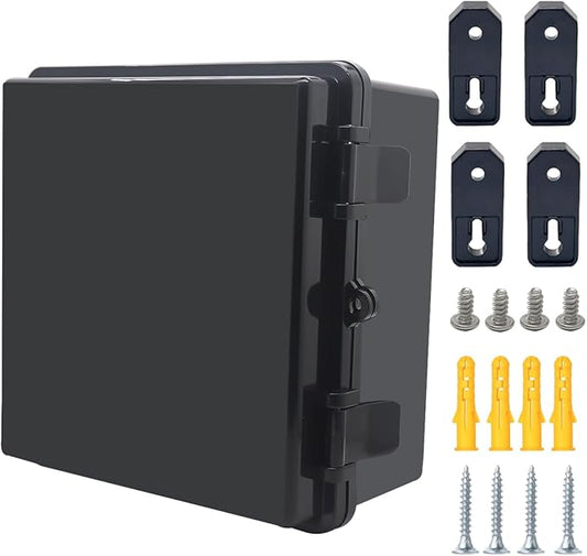 Junction Box, Hinged Black Cover IP67 Waterproof ABS Project Box with Mounting Plate Electrical Box Enclosure with Wall Bracket 8.3 x 8.3 x 4.3inch(210x210x110mm)