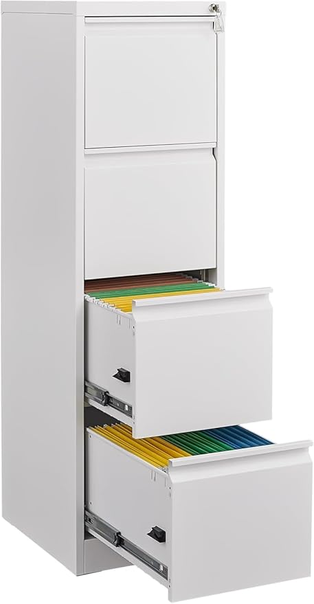 4 Drawer File Cabinet with Lock, Vertical File Cabinets for Home Office, Heavy Duty Metal Lockable Filing Storage Cabinet for Letter/Legal/a4/f4 Size Files, Assembly Required, White
