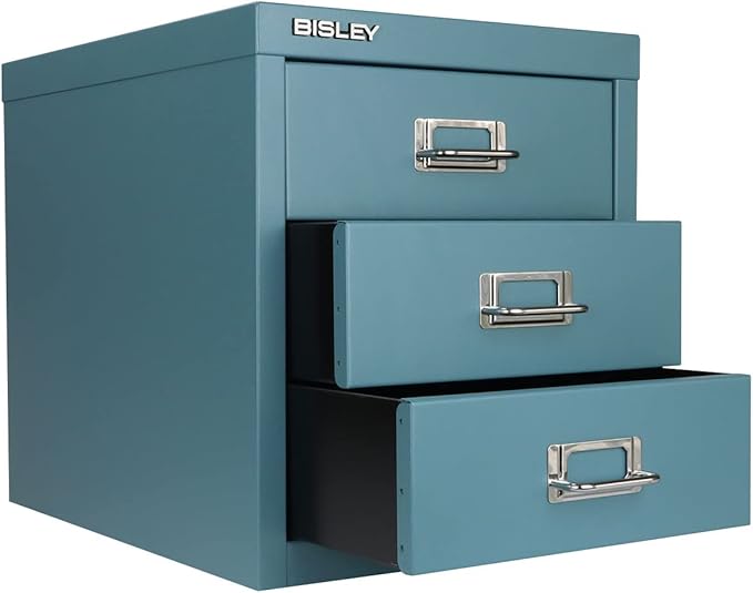 Bisley 3-Drawer Steel MultiDrawer Cabinet - Doulton Blue, Chrome Pull Handles with Label Holders, Powder-Coated Steel, Removable Drawers, Desktop Storage, Labels Included