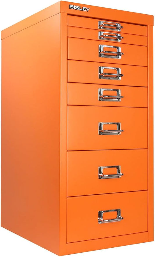 8-Drawer Steel MultiDrawer Cabinet - Bisley Orange, Chrome Pull Handles with Label Holders, Powder-Coated Steel, Removable Drawers, Fits Under Most Desks, Labels Included by Bisley