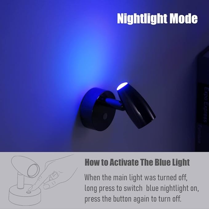 RV Reading Light 12V Swivel LED Spotlight with Quick USB Charger & Blue Nightlight, Camper Van Travel Trailer Bedroom Reading Light, 3-1/2" Length,12-24VDC Hard-Wired (Gloss Black)