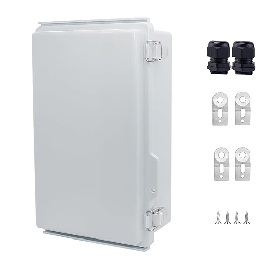 IP67 Waterproof Junction Box, ABS Plastic Electrical Enclosure with Stainless Steel Latch, Hinged Cover Electric Box with Mounting Plate, Wall Brackets & Cable Glands 260x160x100mm
