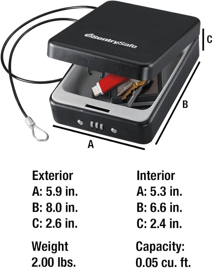 SentrySafe Small Safe, Black Lock Box with Combination Lock for Office or Dorm Secures Money, Passport, Jewelry, 0.05 Cubic Feet, Exterior: 2.6 in. H x 5.9 in. W x 8.0 in. D, ‎P005C