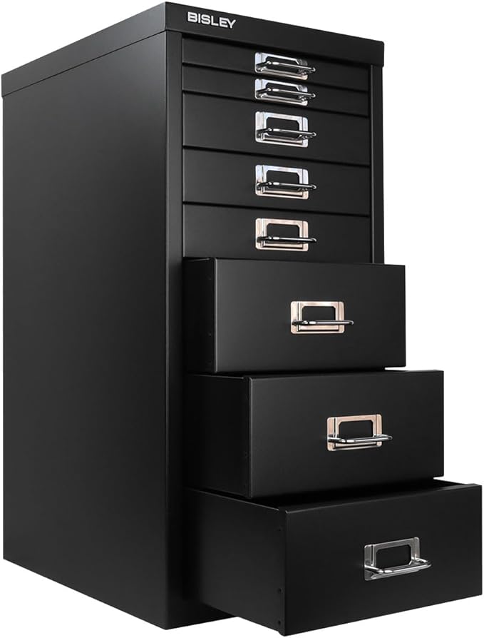 Bisley 8-Drawer Steel MultiDrawer Cabinet - Black, Chrome Pull Handles with Label Holders, Powder-Coated Steel, Removable Drawers, Fits Under Most Desks, Labels Included