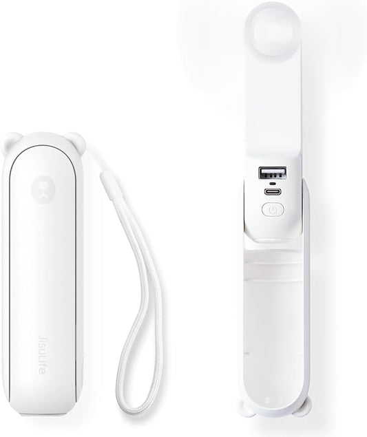 JISULIFE 3 IN 1 Handheld Mini Fan - Portable Fan & Power Bank & Flashlight, 19H Max Cooling, USB Rechargeable, Pocket-Sized for Travel, Cruise, Concerts, Makeup, 2026 Summer Gifts for Women(White)