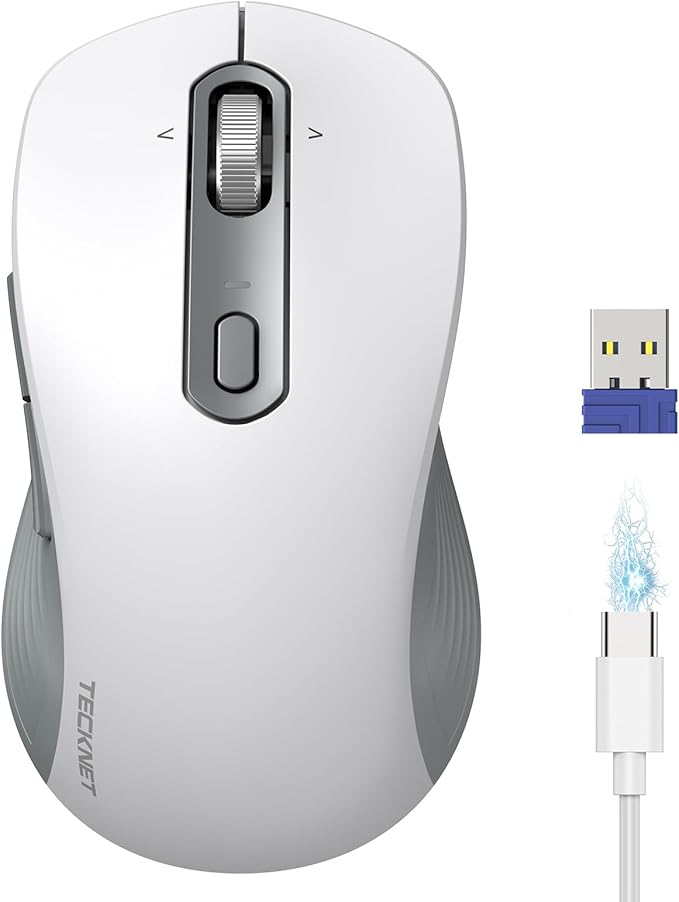 TECKNET Rechargeable Bluetooth Mouse, [ USB + BT5.0 + BT3.0 ] Wireless Mouse, Ergonomic 4-Way Scroll Wheel Computer Mice, 6-Level 4800 DPI Silent Mice, Multi-Device for Computer/Laptop/MacBook (White)