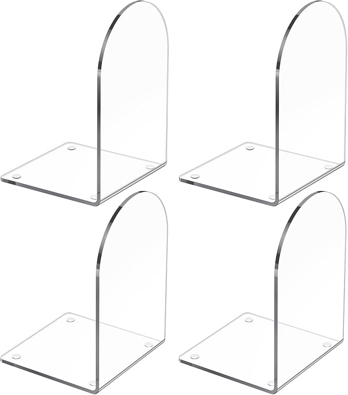 4 Pcs Acrylic Bookends, Clear Book Ends for Heavy Books, Bookend Holders for Shelves, Arch Book Stopper to Hold Books, Decorative Bookends for School, Library, Home, Office