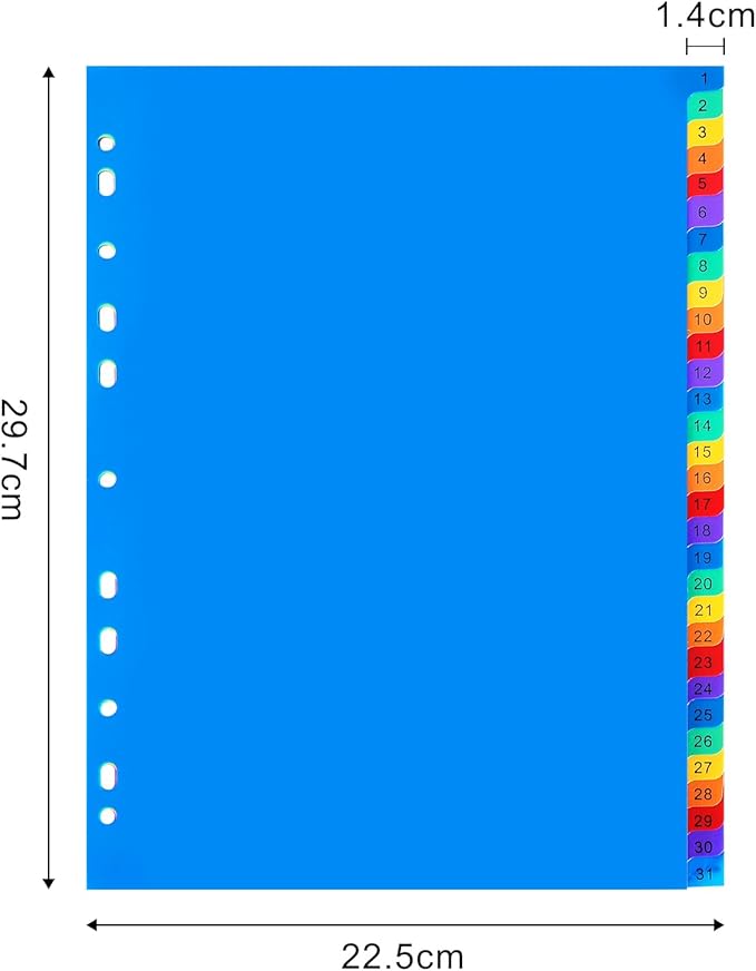 1-31 Tab Dividers, Plastic Binder Dividers for 2/3/4 Ring Binder, Customizable Table of Contents, Multicolor Number 1-31 Tabs, 5 Sets/ A4 Size