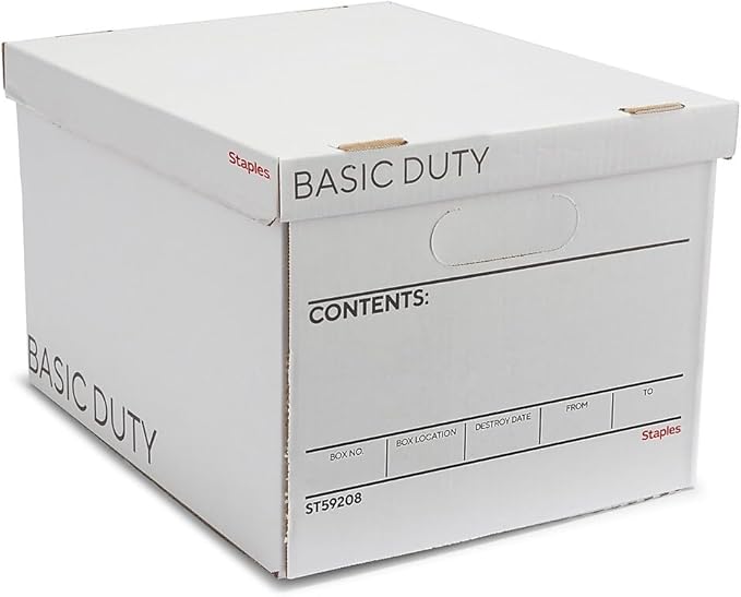 STAPLES Corrugated File Box Lift Off Lid, Letter/Legal Size, White/Black, 10/Pack