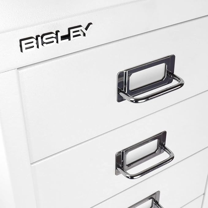 Bisley 6-Drawer Steel MultiDrawer Cabinet - Traffic White, Chrome Pull Handles with Label Holders, Powder-Coated Steel, Removable Drawers, Fits Under Most Desks, Labels Included