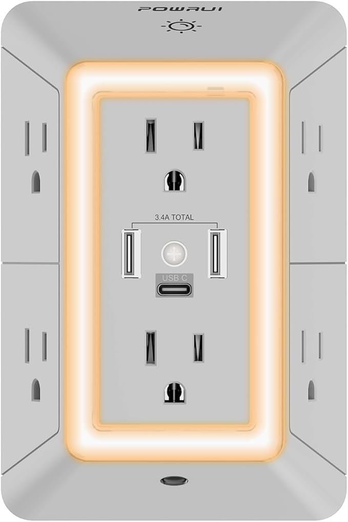 POWRUI Power Strip Surge Protector - 6 AC Outlets with 3 USB Ports (1 USB C), Night Light, 3-Sided Multi Plug Wall Extender with Spaced Outlets - Grey, ETL Listed