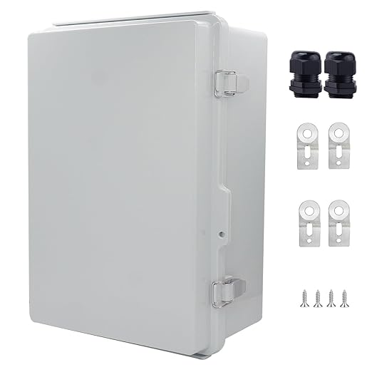 IP67 Waterproof Junction Box, ABS Plastic Electrical Enclosure with Stainless Steel Latch, Hinged Cover Electric Box with Mounting Plate, Wall Brackets & Cable Glands 380x280x130mm