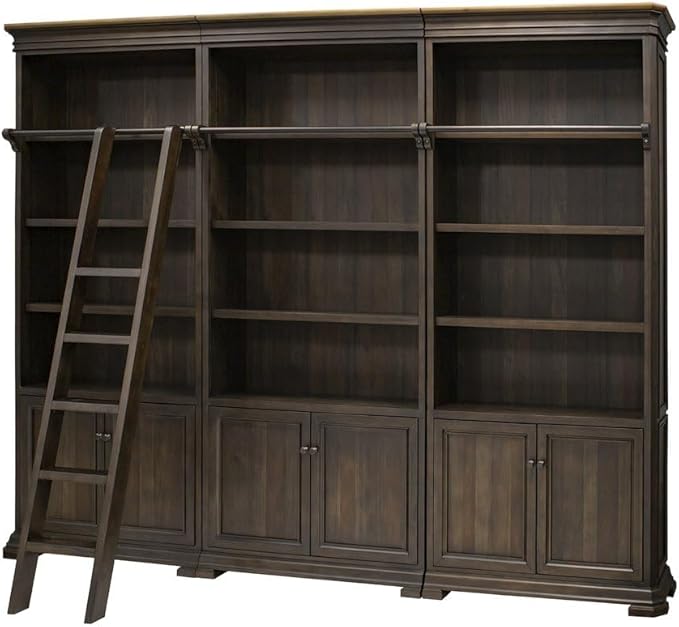 Martin Furniture Sonoma Executive Brown Executive Bookcasem Wall Storage with Wooden Ladder, Shelving Unit, Large Library Furniture, Sturdy Home Office Display Suite