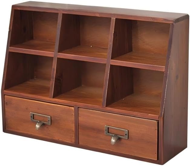 Xiaooooyez Wooden Desktop Organizer, 6 Compartments and 2 Drawers, 15.7 x 4.5 x 11 inches, Mahogany Wood Storage Cabinet