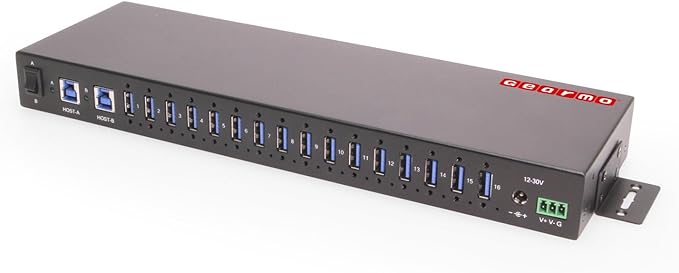 Gearmo 16-Port Rack Mount USB Hub - Powered USB 3.0 Type A Ports, Dual Upstream Ports, 5Gbps Speed, ESD Surge Protection, 1U Rack Industrial USB Hub