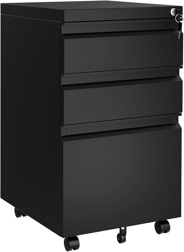 GarveeHome File Cabinet 3-Drawer Mobile File Cabinet with Lock Keys | Under Desk Storage Fits Legal Letter A4 Easy Assembly Office