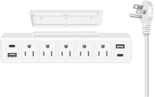 40W Under Desk Power Strip Mountable,20W USB-C Fast Charging Flat Plug Power Strip Surge Protector 1200J,9 in 1 Desk Outlet,5 Outlets,2 USB-C,2 USB-A,10FT Extension Cord White
