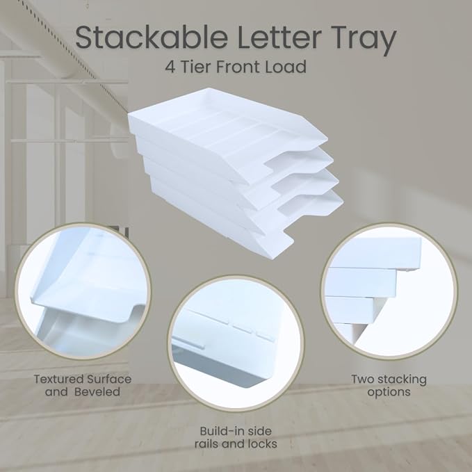 Acrimet 4 Tier Paper Organizer Letter Tray - Plastic Stackable Desk File Organizer, Front Load Paper Sorter Organizer for Letter/A4 Office File Folder Holder - White