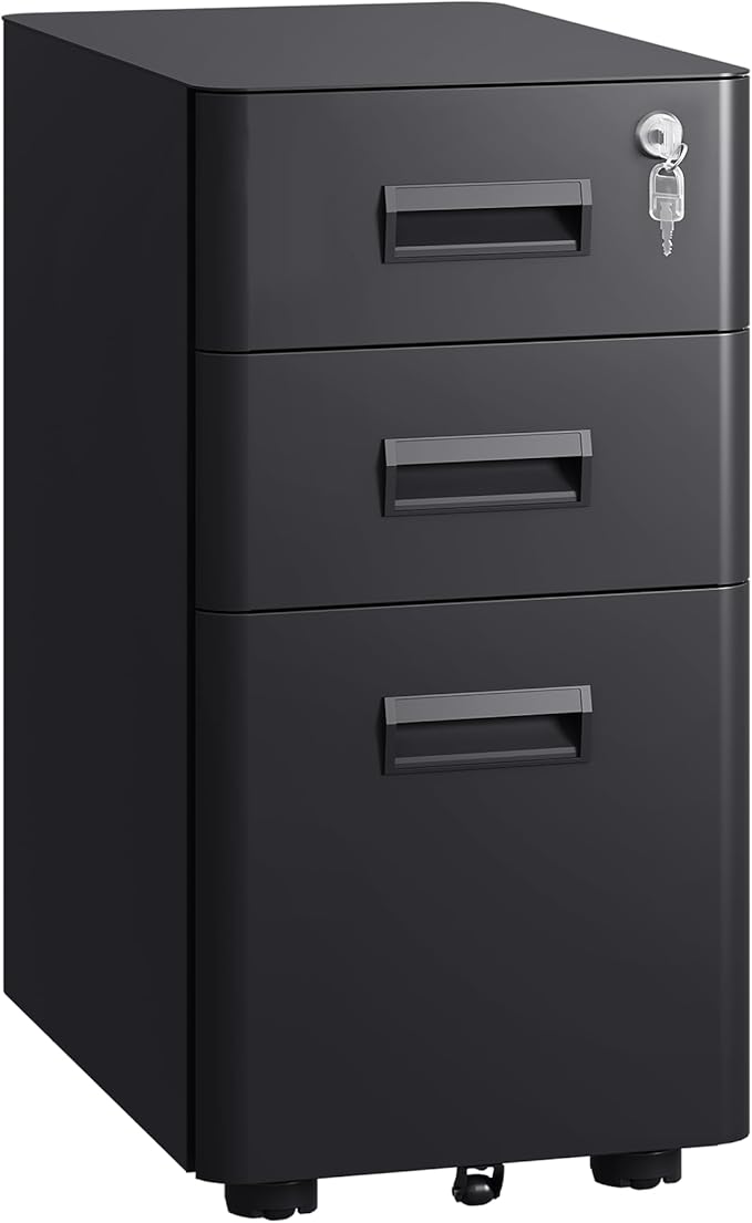DEVAISE 3 Drawer File Cabinet with Lock, Under Desk Metal Filing Cabinet with Wheels for Home Office Organizer Letter/Legal/A4, Fully Assembled Except Casters, Black