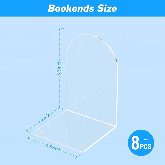 8 Pcs Acrylic Bookends, Clear Book Ends for Heavy Books, Bookend Holders for Shelves, Arch Book Stopper to Hold Books, Decorative Bookends for School, Library, Home, Office