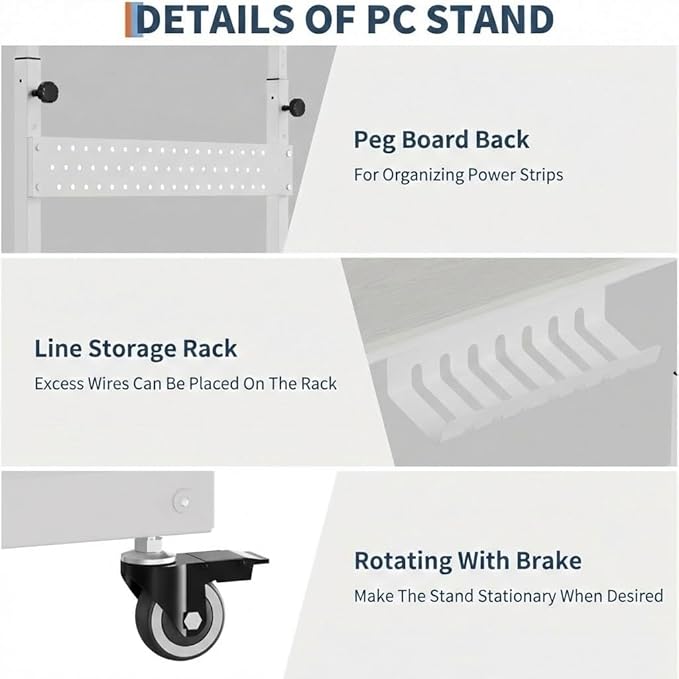 2-Tier Rolling Computer Tower Stand with Cable Management Rack, Height Adjustable CPU Holder Cart with Hooks for Gaming Home Office, PC Stand Fits Under Desk, White