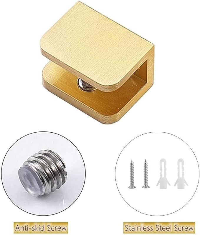LukLoy 10 Pack Gold Glass Clamp Brackets (10-12mm) - No-Drill Glass Holder, Secure Anti-Slip Grip