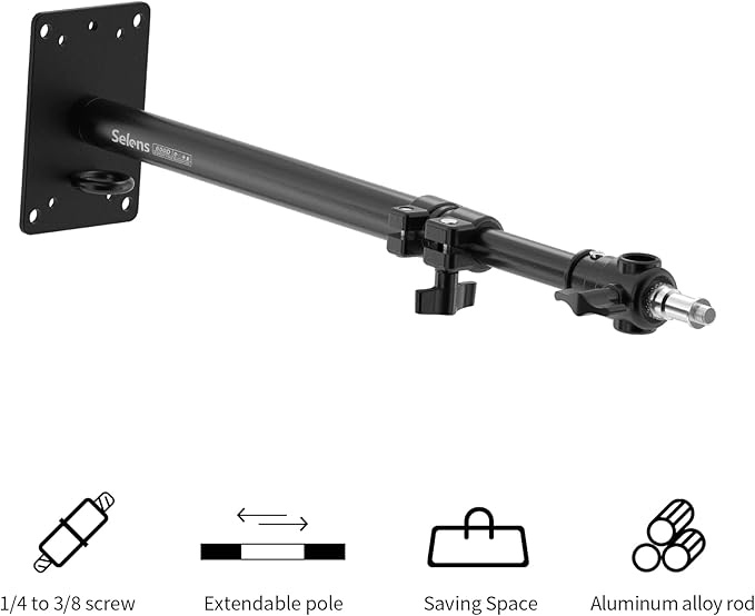 Selens Photography Studio Wall Mount, Camera Wall Ceiling Mount Boom Arm Up to 22" for Photo Video Monolights, Umbrellas, Reflectors, Overhead with 3/8" 1/4" Thread