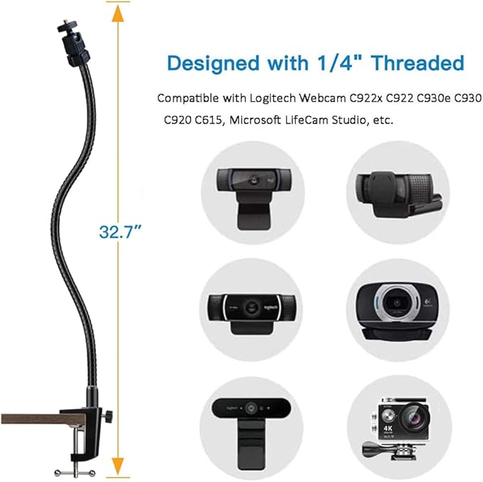 Webcam Stand Holder 27" Adjustable Gooseneck Desktop Camera Desk Clamp Mount for Logitech Webcam C925X, C922, C930e, C930, C920, C615, Etc. (1/4" Threaded)
