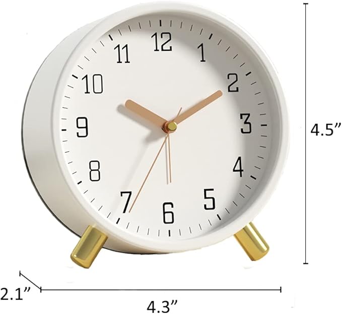 SHISEDECO Alarm Clock with Backlight, 4.5 inches Bedside Analog Non-Ticking Silent Small Deskclock with Arabic Numerals, Battery Operated Round Tableclock for Living Room, Bedroom (White)