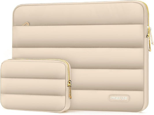 MOSISO Laptop Case 13.3 inch,13-13.3 inch Puffy Laptop Sleeve Compatible with MacBook Air 13.6 M5 M4 M3 M2 M1/Neo/Pro 13/14,HP Dell ASUS Lenovo,Polyester Horizontal Bag with Small Case, Apricot