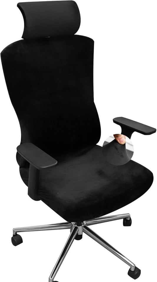 Ergonomic Office Chair Covers Set with Headrest Cover Velvet Stretch Black Cover for Office Chairs with Headrest Washable