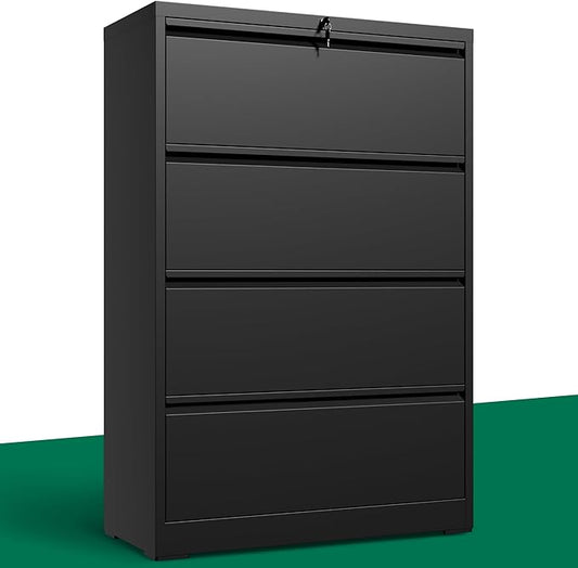 4 Drawer Lateral File Cabinet, Metal File Cabinets for Home Office with Lock, Large Filing Storage Cabinet Printer Stand, Steel Wide File Cabinet for Legal/A4/F4/Letter,Require Assembly, Black