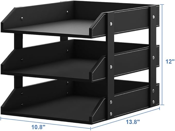Leather Desk Organizer, Thipoten 3-Tier Stackable Letter Tray Holder for Office Supplies, Paper, File, Magazine, Perfect Office Organization for Desktop (Black-3Tiers)
