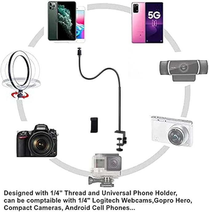 Webcam Stand Phone Holder Desktop Adjustable Gooseneck & Pole Video Clamp Stand Camera Mount for Cellphones, Logitech Webcam C922 C930e C920S C920 C615, Etc. (1/4" Threads, 7.5cm Clamp)