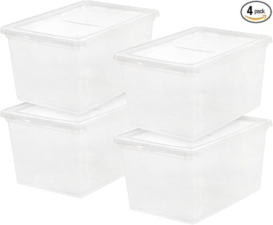 IRIS USA 4-Pack Storage Bins with Lids, 58 Quart, Clear Stackable Containers Box Organize Shoes Closet Shelves Clothes Blankets Towels - BPA-Free Plastic