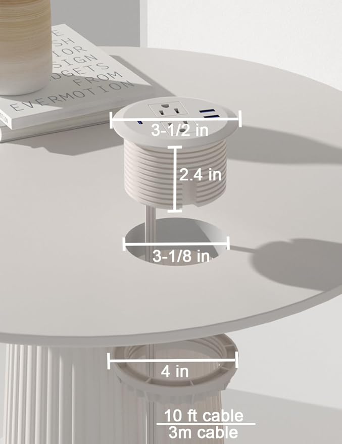 3 Inch Power Grommet,10ft Cord,20W USB C Fast Charging Station,3 USB Ports,Flush Mount.Round Recessed Power Center Desk Hole Grommet Outlet for Workspace,Couch,White
