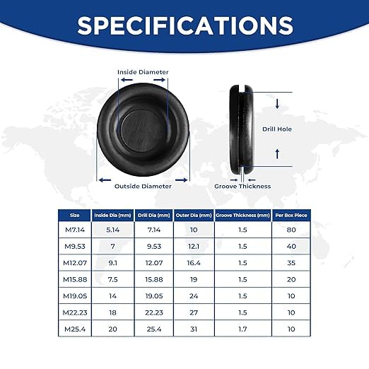 Rubber Grommets for Wiring-205pcs Assorted Firewall Hole Plugs in 7 Sizes M25.4, M22.23, M19.05, M15.88, M12.07, M7.14, M9.53-Waterproof Rubber Grommet Kit Wire Grommet Perfect for Sealing Auto Panel