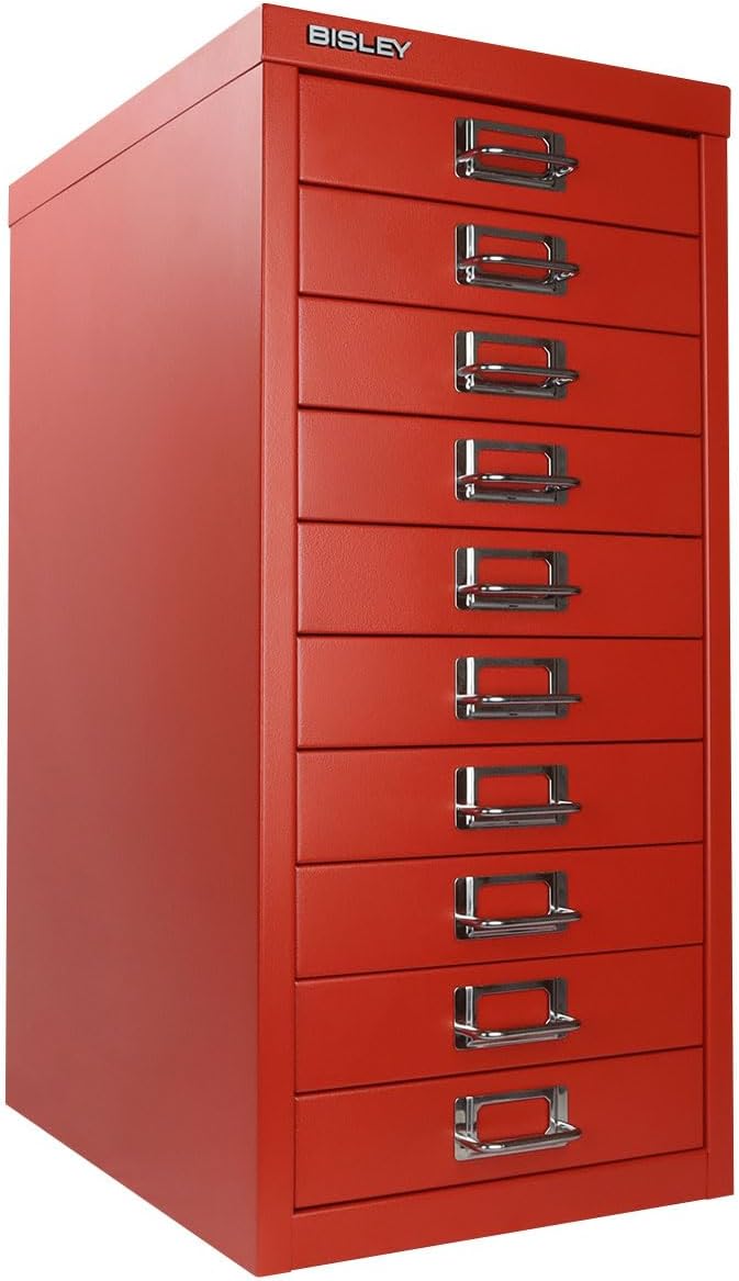 Bisley 10-Drawer Steel MultiDrawer Cabinet - Cardinal Red, Chrome Pull Handles with Label Holders, Powder-Coated Steel, Removable Drawers, Fits Under Most Desks, Labels Included