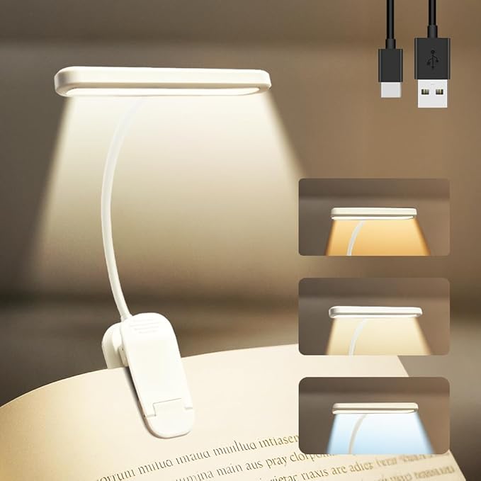 Rechargeable Book Lights for Reading at Night 25 LED - Eye Caring 15 Level Stepless Dimming, Extended 90Hrs Runtime, Lightweight Clip on Light, Gifts for Book Lovers, White
