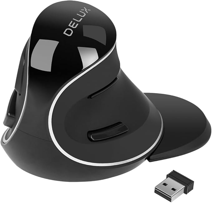 DELUX Ergonomic Vertical Mouse, Wireless Ergo Mouse for Large Hands, 2.4G Connection, Silent Clicks, Up to 1600 DPI,6 Buttons, Removable Wrist Rest, Compatible with Laptop/PC (M618Plus Wireless-Black)