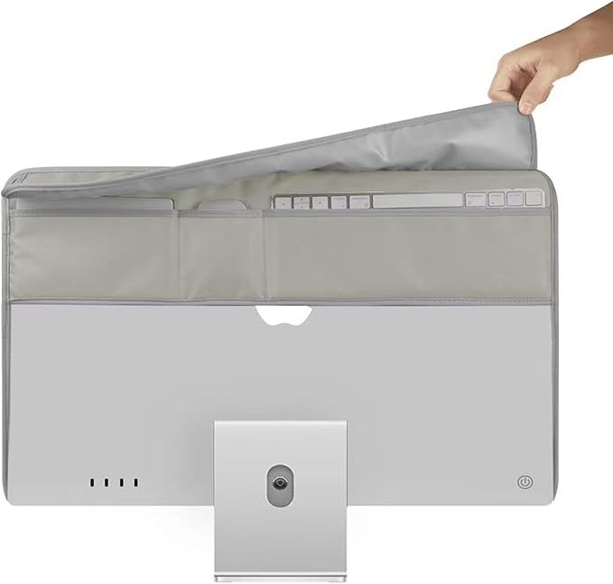 Monitor Dust Cover for iMac 24 inch PU Leather Anti-Static Dustproof Protective Case for LCD/LED/HD Panel Case Computer Sleeve Monitor Dust Cover with Rear Pocket (Silver Gray, 24inch)