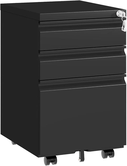 3 Drawer File Cabinet with Lock, Mobile Metal Filing Cabinet for Letter/Legal/A4 Size, Under Desk Rolling Office Storage Cabinet, Fully Assembled Except Casters, Black
