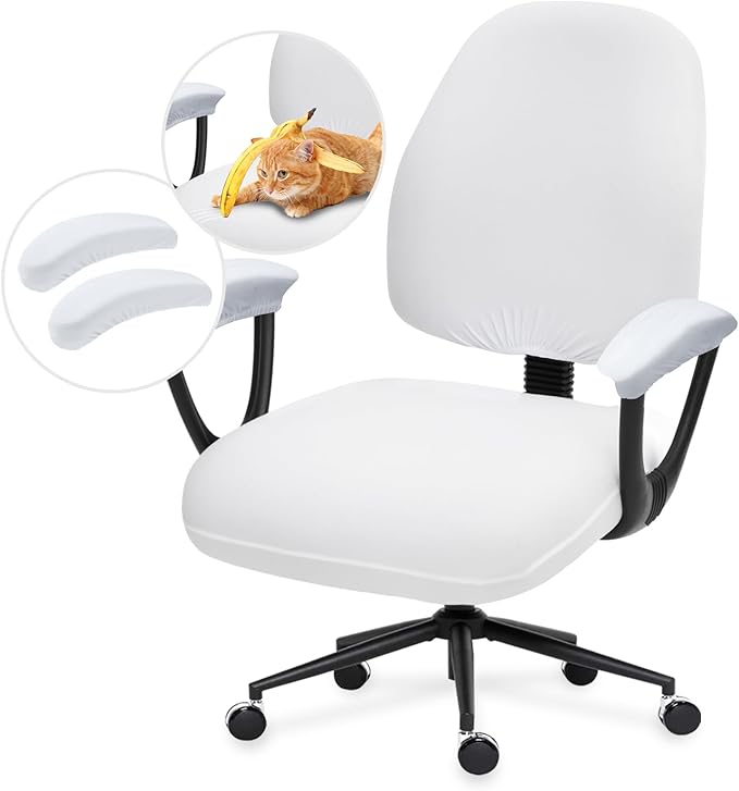 Stretchable Separate Office Chair Seat Covers with Armrest Covers - Universal Stretch Computer Chair Slipcover - Washable Rotating Backrest Coverings & Cushion Protectors for Dogs, Cats, Pets, White